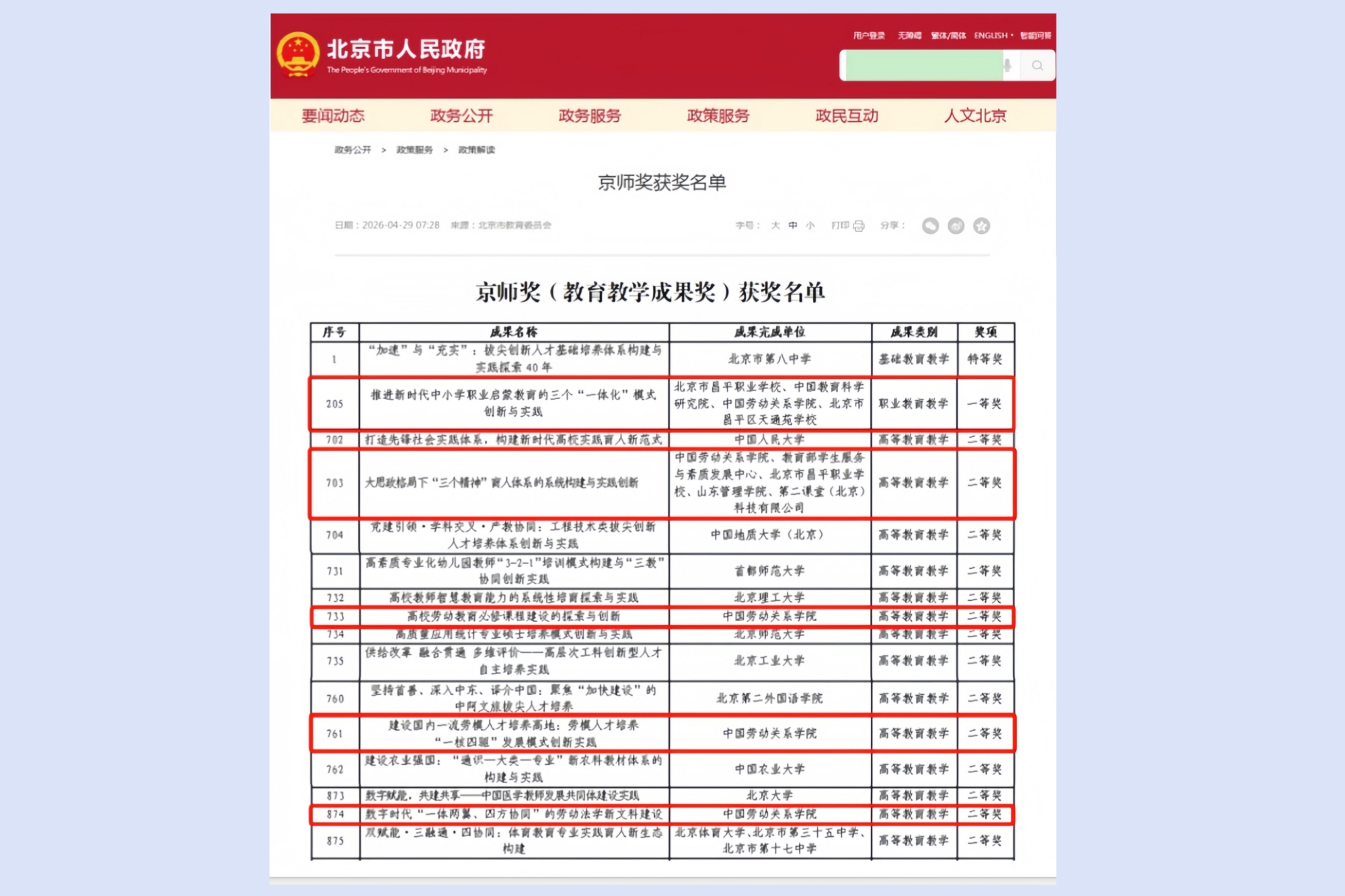 我校5项教育教学成果喜获北京市教育教学成果奖